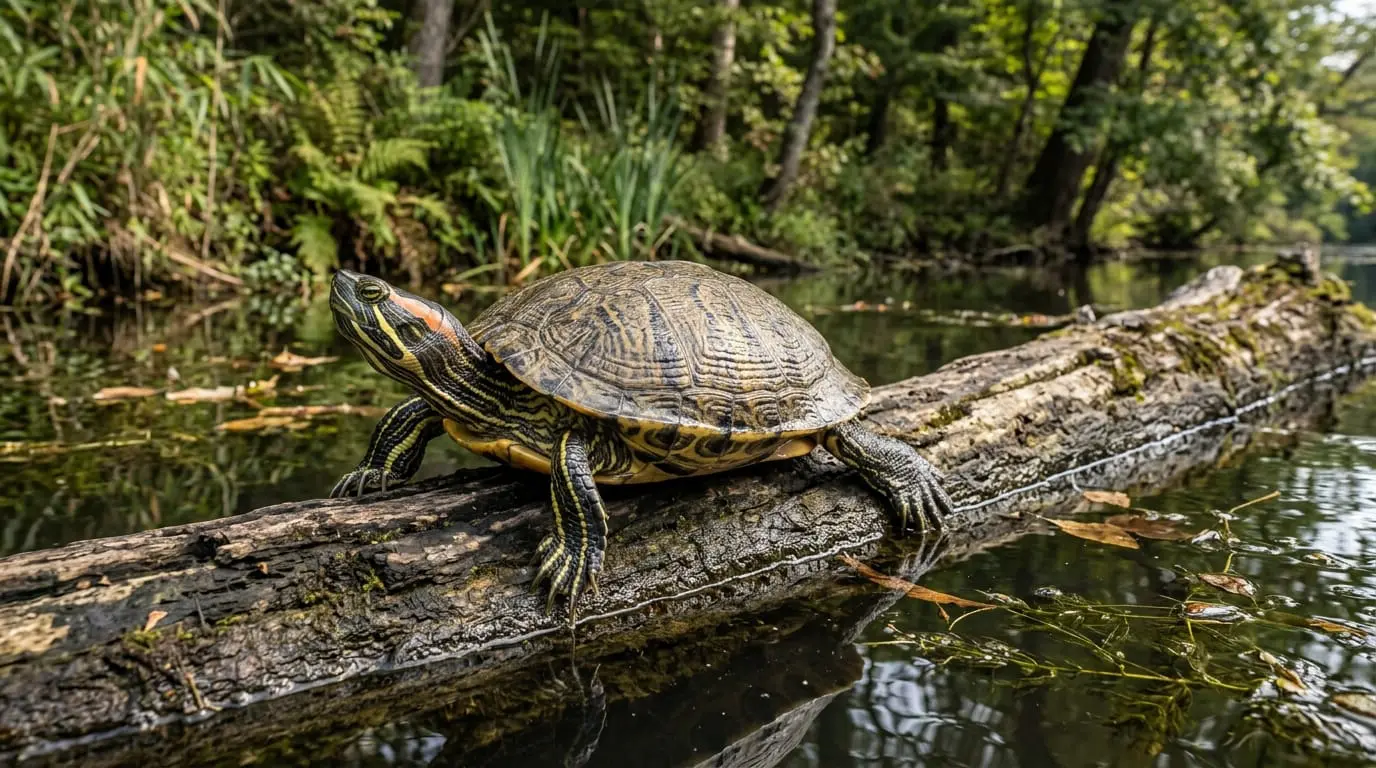 Adult Cumberland slider basking on a log in a quiet river backwater.