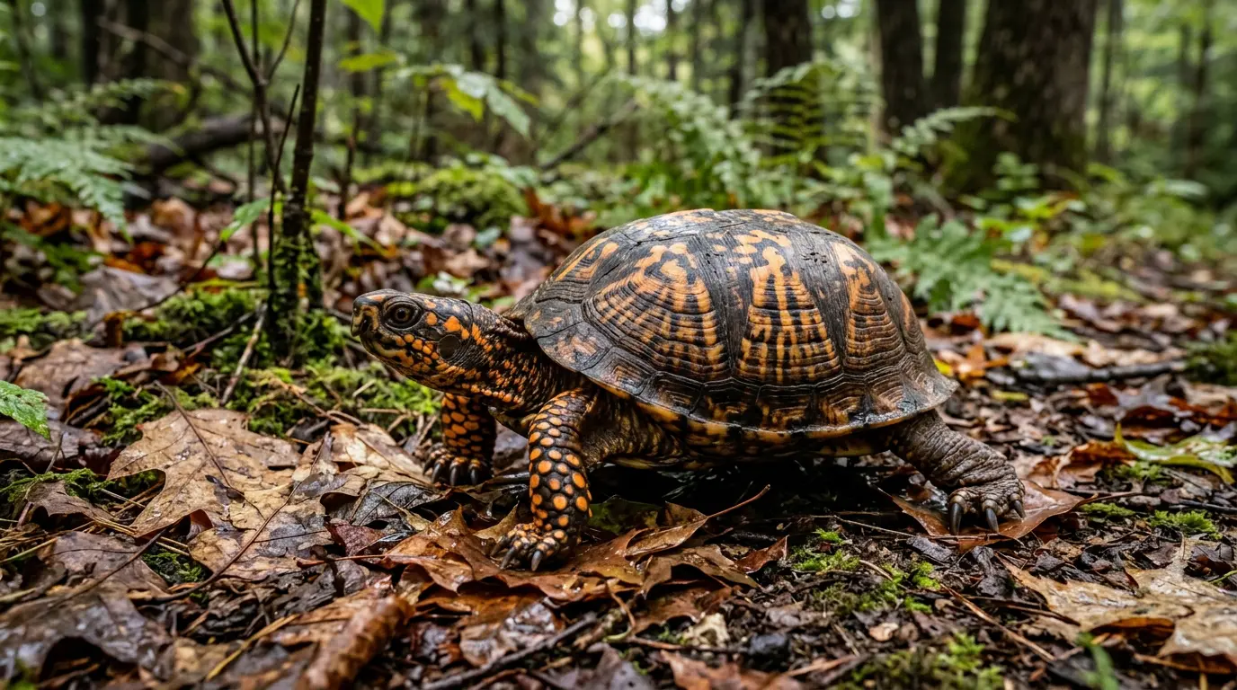 Eastern box turtle walking across wet leaf litter in a deciduous forest.