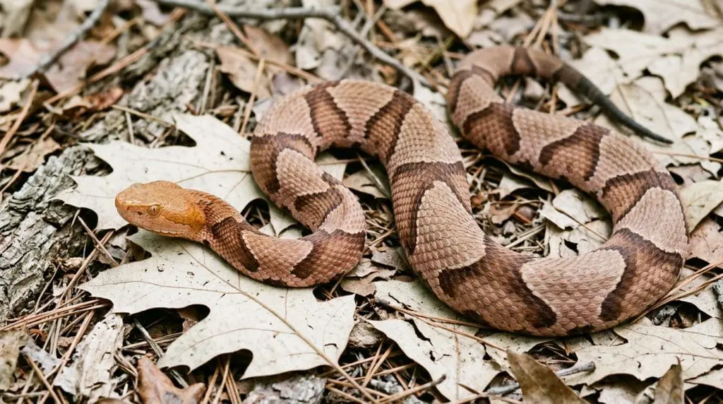 Full adult Eastern Copperhead showing stout body, copper head, and hourglass-shaped crossbands.