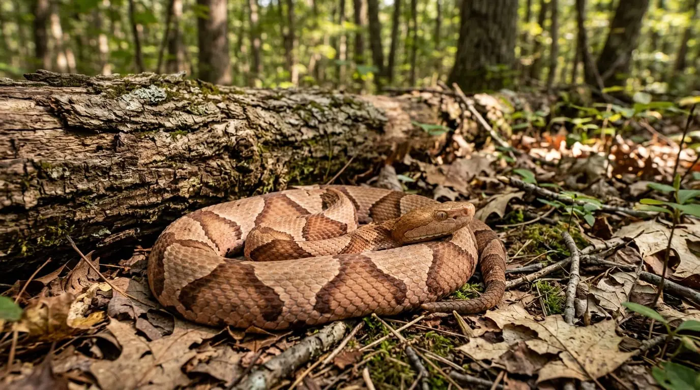 Adult Eastern Copperhead resting in deciduous leaf litter beside a fallen log, showing hourglass bands and copper head.