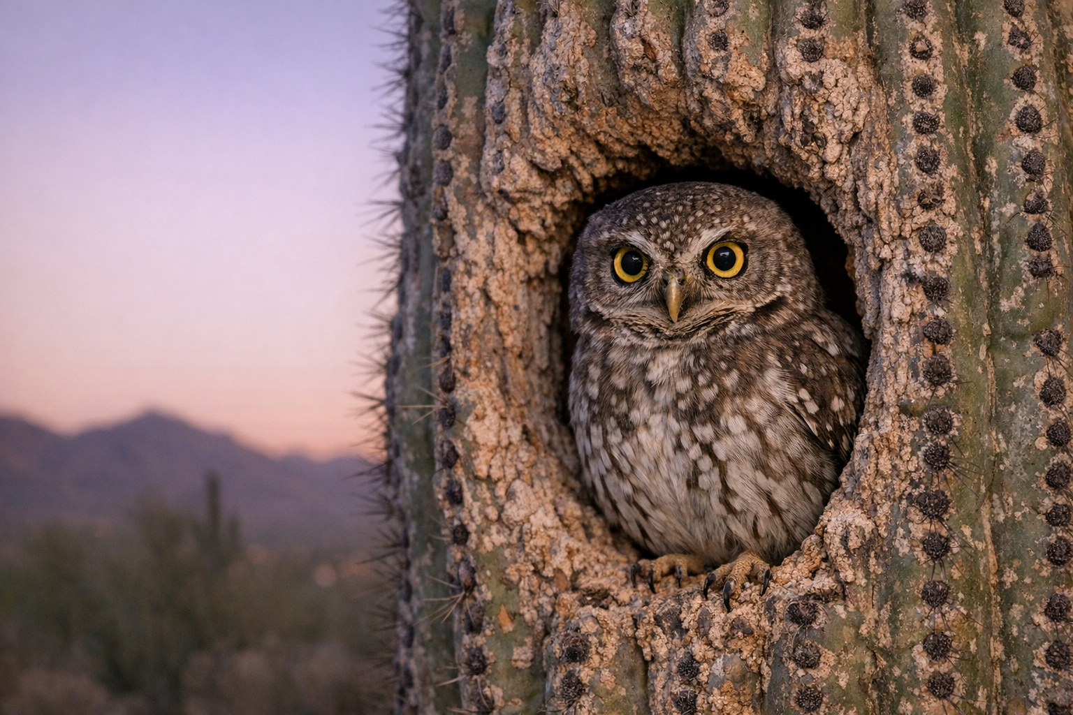 Elf Owl perched at a saguaro cavity entrance at dusk.