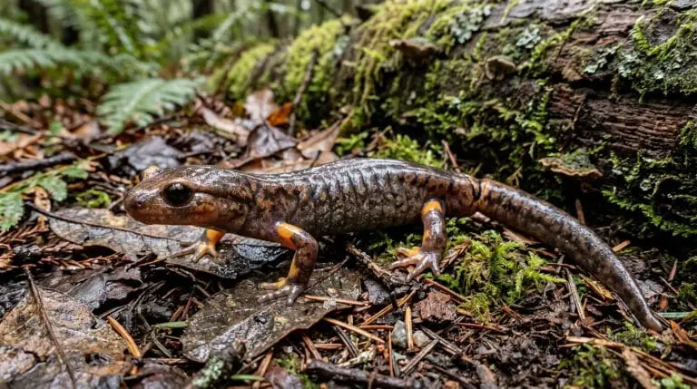 Ensatina salamander on damp leaf litter beside a mossy log.
