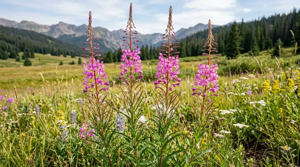 Complete fireweed plants showing tall unbranched stems, narrow leaves, and terminal flower spikes.