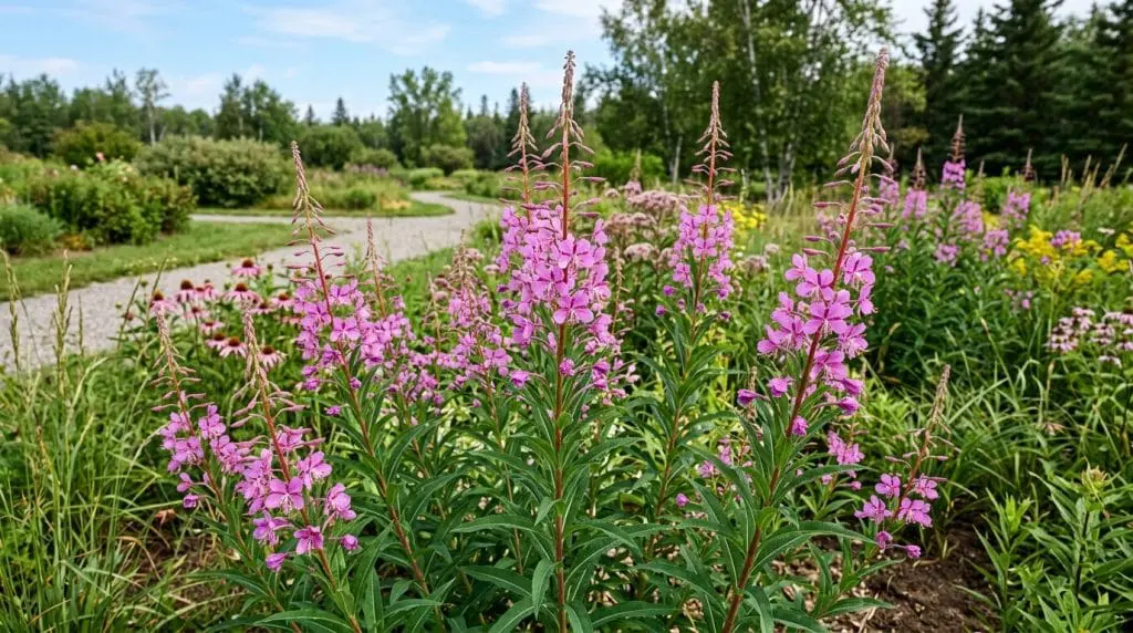 Pink fireweed growing among native grasses and wildflowers in a naturalistic home garden.