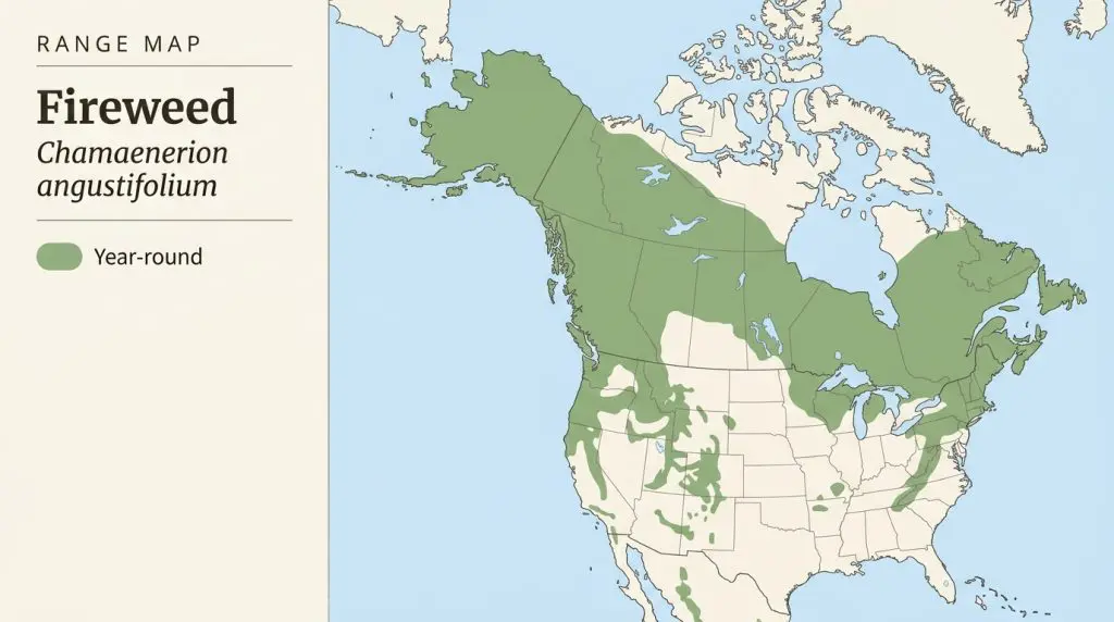Map showing fireweed across Alaska, Canada, the western mountains, and parts of the northern and northeastern United States.