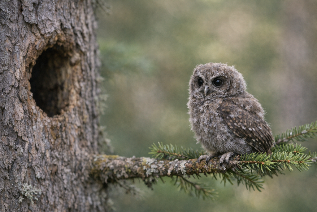Recently fledged Flammulated Owl perched near a tree cavity.