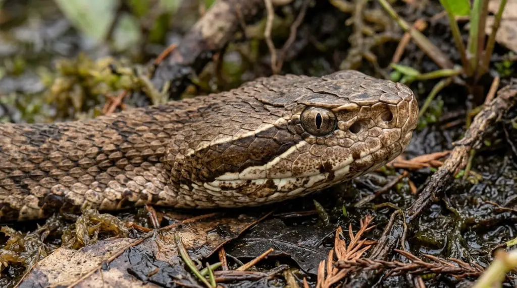 Close view of a Florida cottonmouth’s eye, facial pit, scales, and dark cheek stripe.