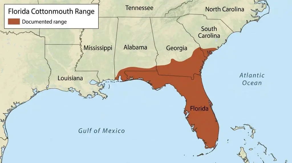 Map showing the Florida cottonmouth’s range in Florida and southern Georgia.