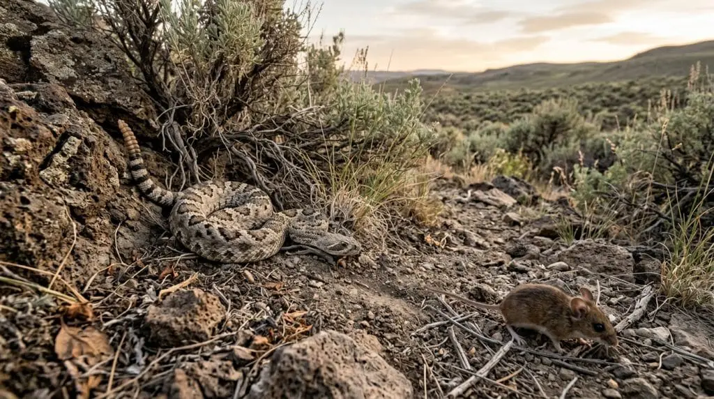 Great Basin rattlesnake waiting in ambush near a deer mouse trail in sagebrush habitat.