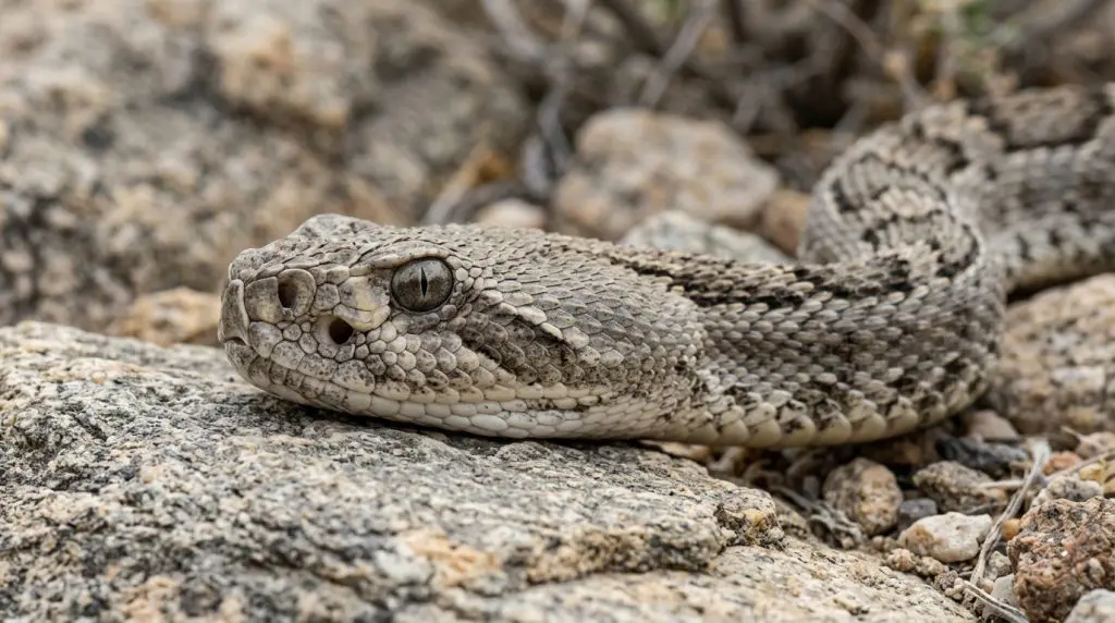 Close view of a Great Basin rattlesnake’s eye, facial pit, postocular stripe, and head scales.