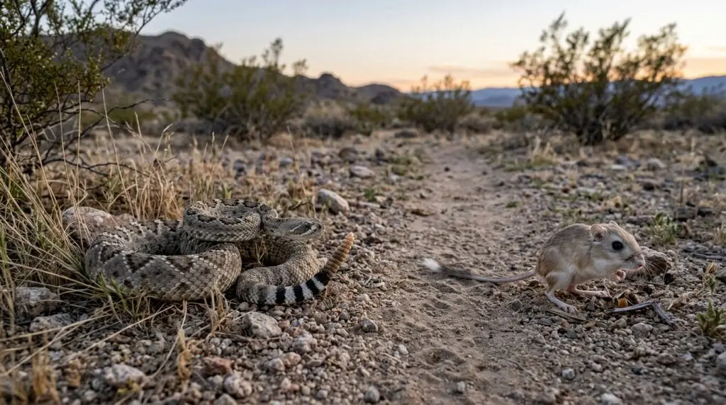 Mojave rattlesnake waiting beside a desert rodent trail with a kangaroo rat nearby.