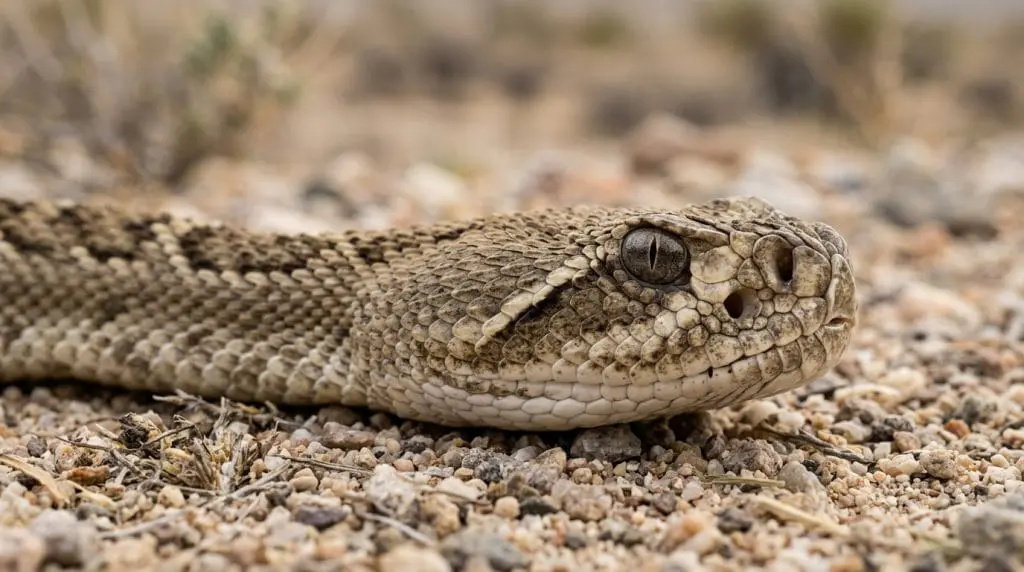 Close view of a Mojave rattlesnake’s eye, facial pit, scales, and dark facial stripe.