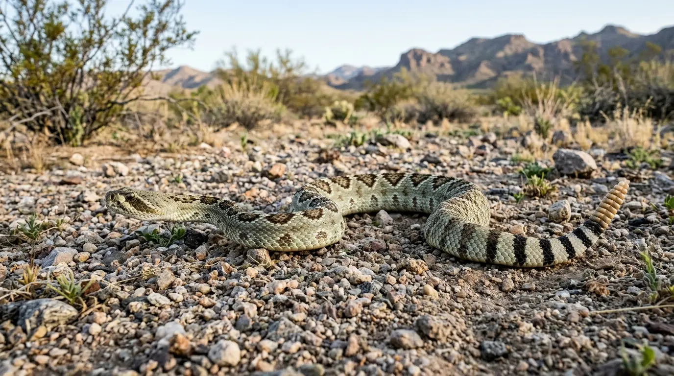 Adult Mojave rattlesnake crossing an open desert flat among creosote bushes.