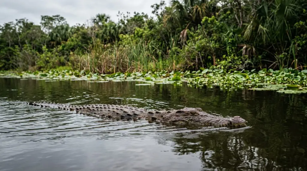Morelet’s crocodile swimming through a quiet freshwater lagoon with only its head and back exposed.