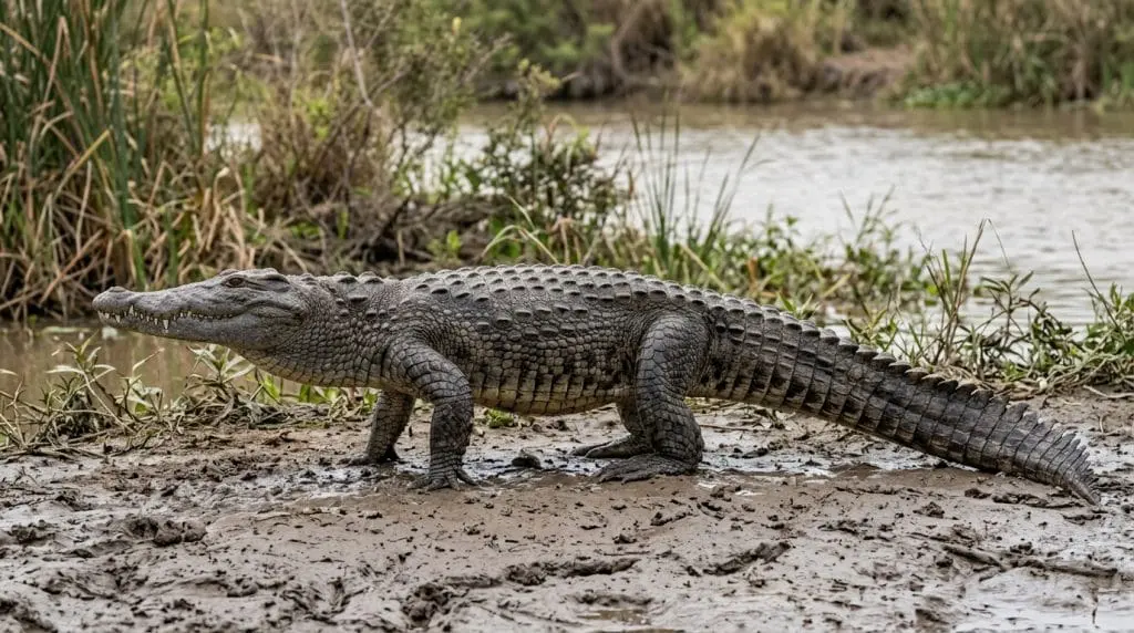 Full side view of a Morelet’s crocodile showing its broad snout, armored body, legs, and tail.