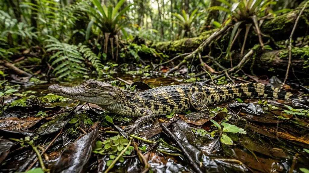 Juvenile Morelet’s crocodile with pale bands and spots among wetland vegetation.