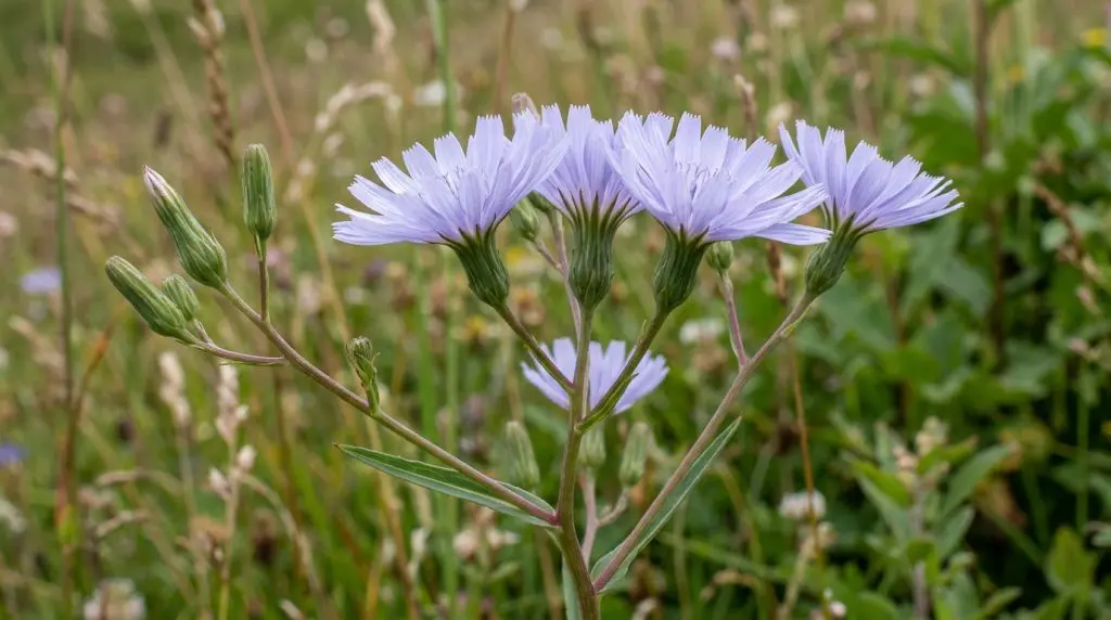 Close-up of pale lavender mountain lettuce flower heads composed of strap-shaped ray florets.