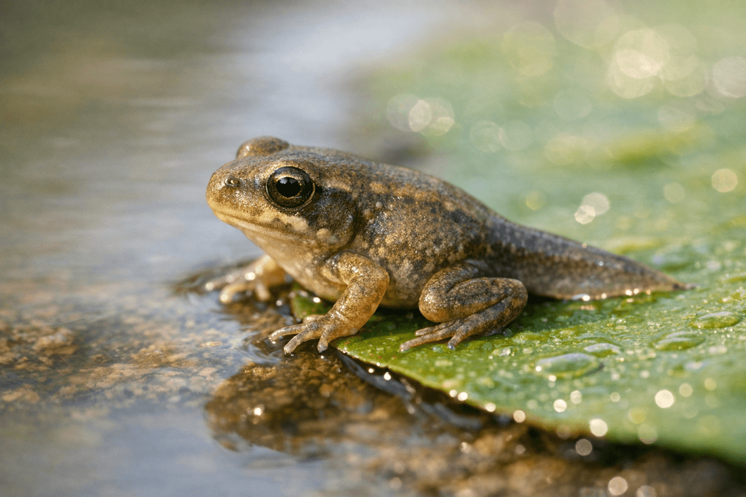Young froglet with four developed legs and a short remaining tail at the edge of a pond