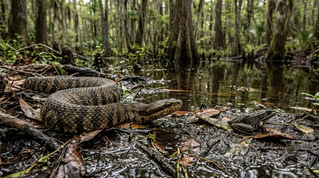 Northern cottonmouth hunting a frog along a wetland edge.