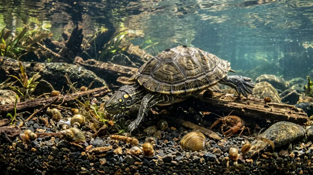Ouachita map turtle foraging among snails and aquatic invertebrates.