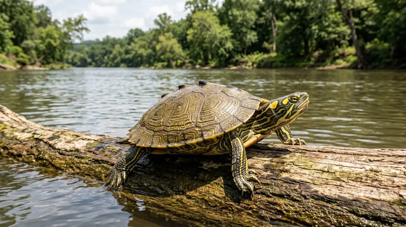 Ouachita map turtle basking on a log above a broad river.