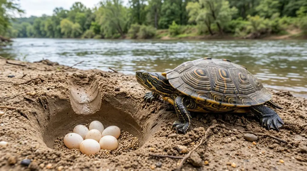 Female Ouachita map turtle beside a sandy nest containing oval eggs.