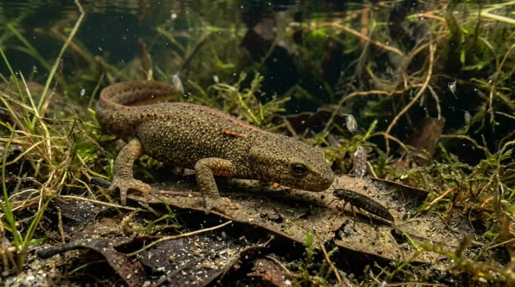 Peninsula Newt hunting a small aquatic insect larva among submerged vegetation.