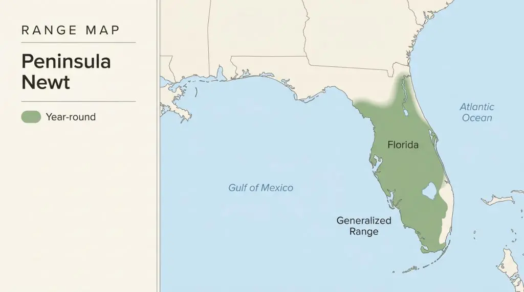 Map showing the generalized Peninsula Newt range in central and southern peninsular Florida.