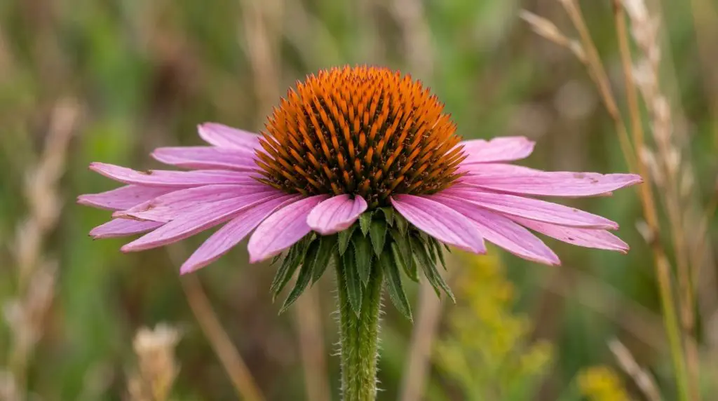 Close-up of a purple coneflower’s prickly orange-brown cone and pink-purple ray florets.