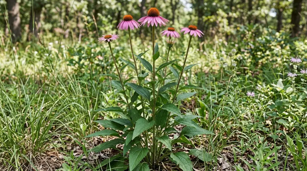 Entire purple coneflower plant showing upright stems, broad toothed leaves, and several flower heads.