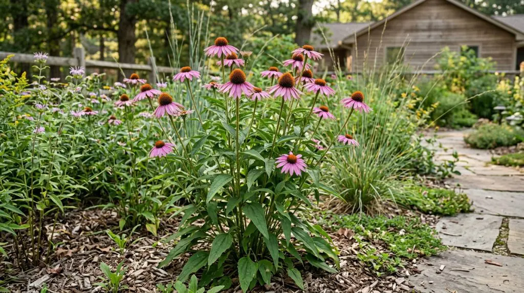 Purple coneflower growing with native grasses in a sunny naturalistic home garden.