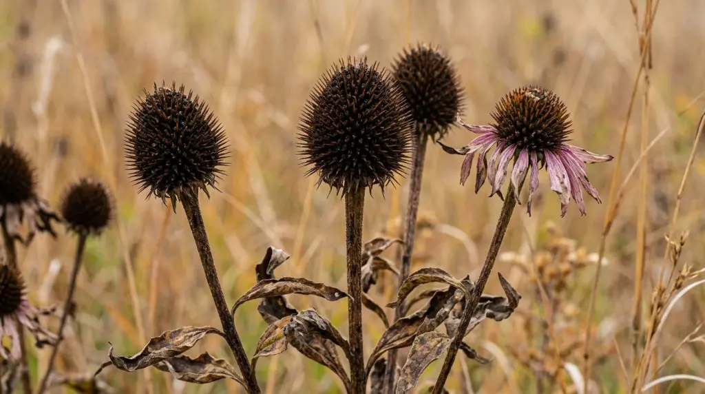 Dry brown purple coneflower seed heads standing among autumn prairie grasses.
