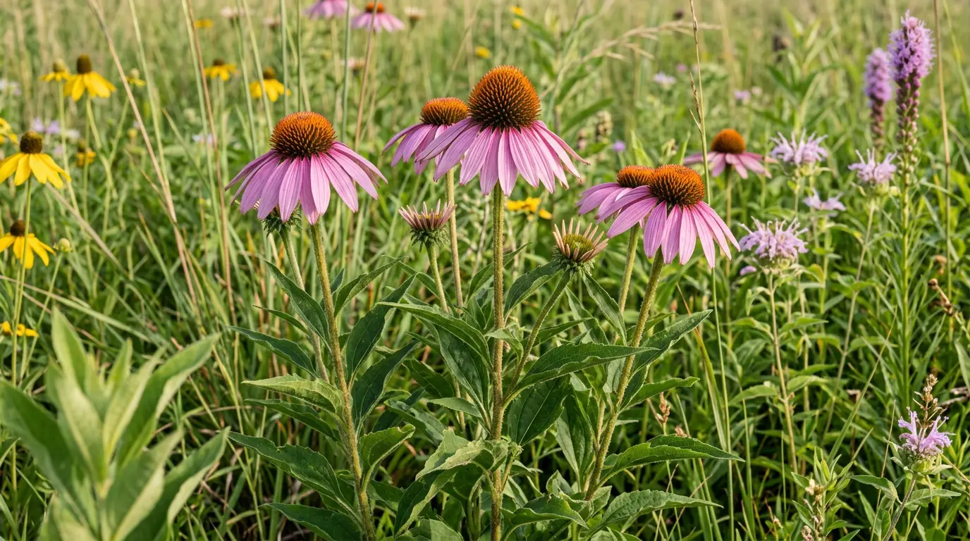 Purple coneflowers with pink-purple rays and orange-brown cones blooming in a sunny prairie.