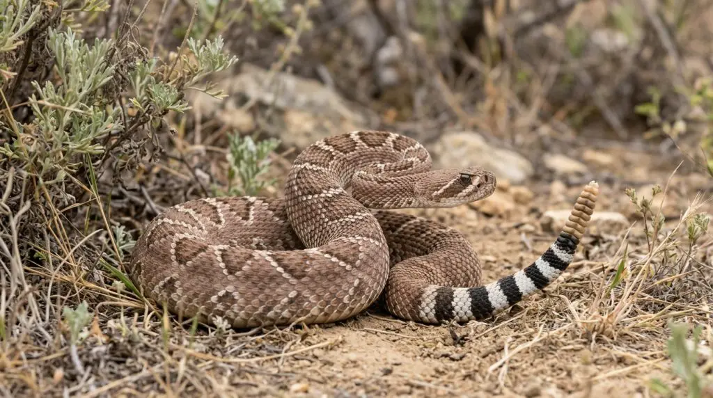 Coiled red diamond rattlesnake raising its banded tail and rattle defensively.