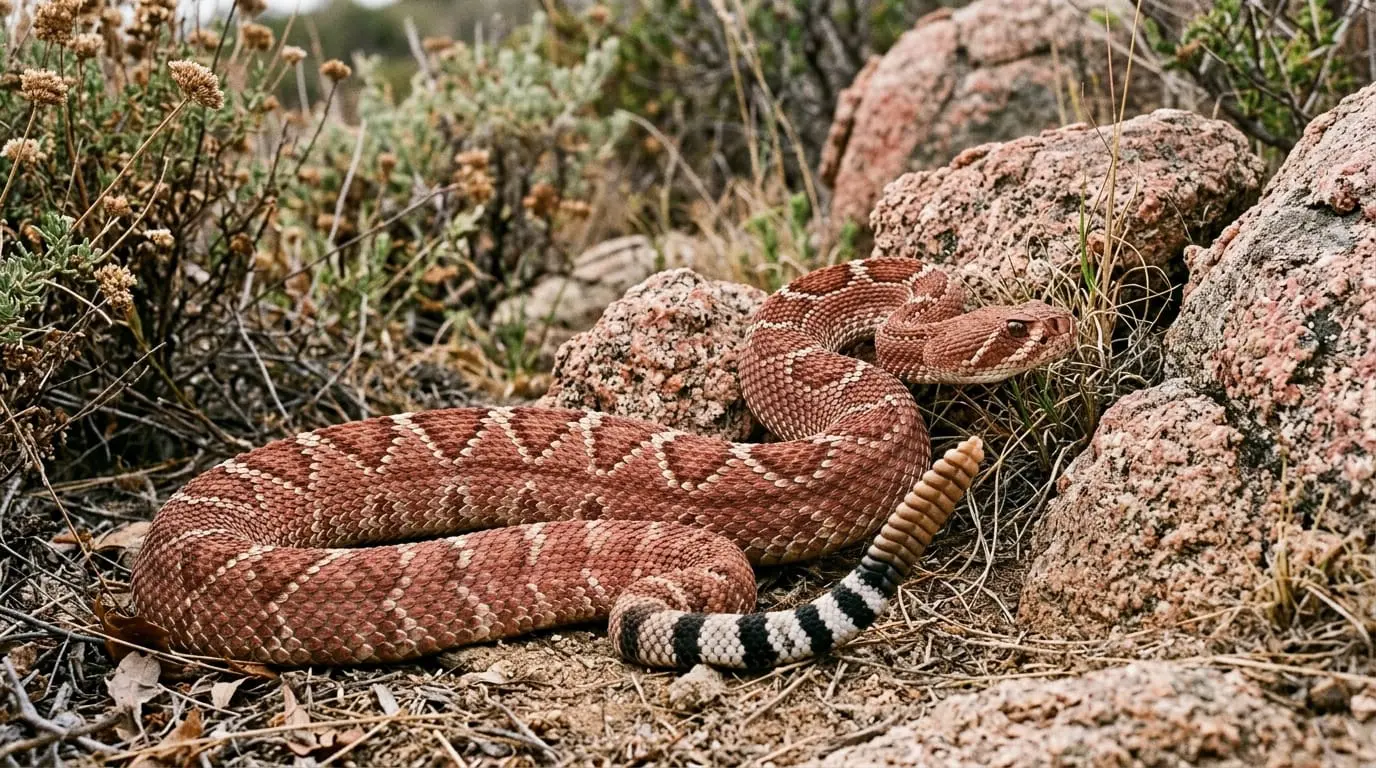 Adult red diamond rattlesnake resting among rocks and coastal sage scrub.