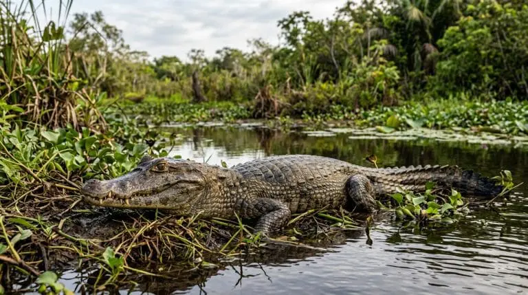 Adult spectacled caiman resting beside a tropical freshwater marsh.