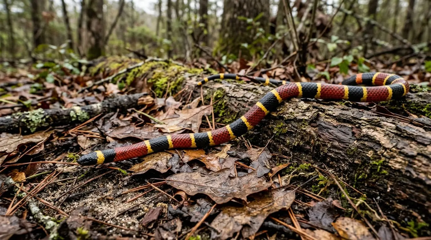Texas coral snake moving through damp leaf litter in an eastern Texas woodland.
