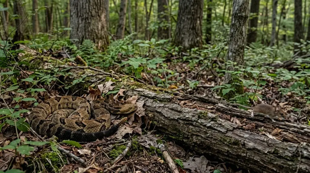 Timber rattlesnake waiting beside a fallen log as a mouse travels nearby.