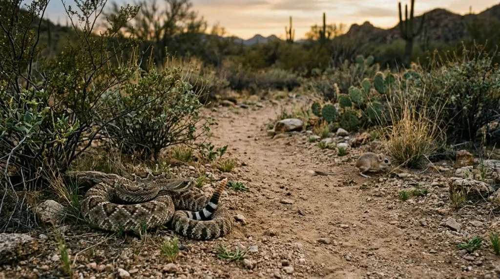 Western diamondback waiting in ambush near a kangaroo rat trail at dusk.