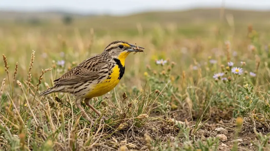 Western Meadowlark carrying a grasshopper while foraging in prairie grass.