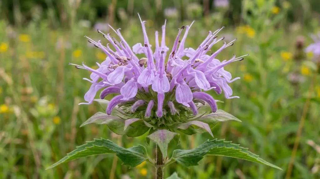 Close-up of a wild bergamot head showing lavender tubular flowers and projecting stamens.