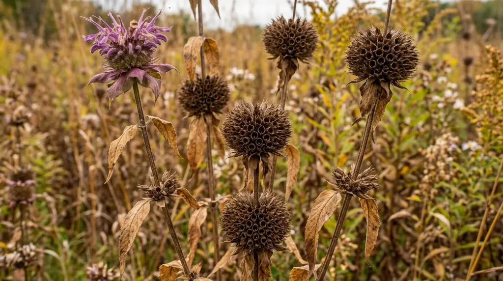 Brown rounded seed heads of wild bergamot on upright late-season stems.