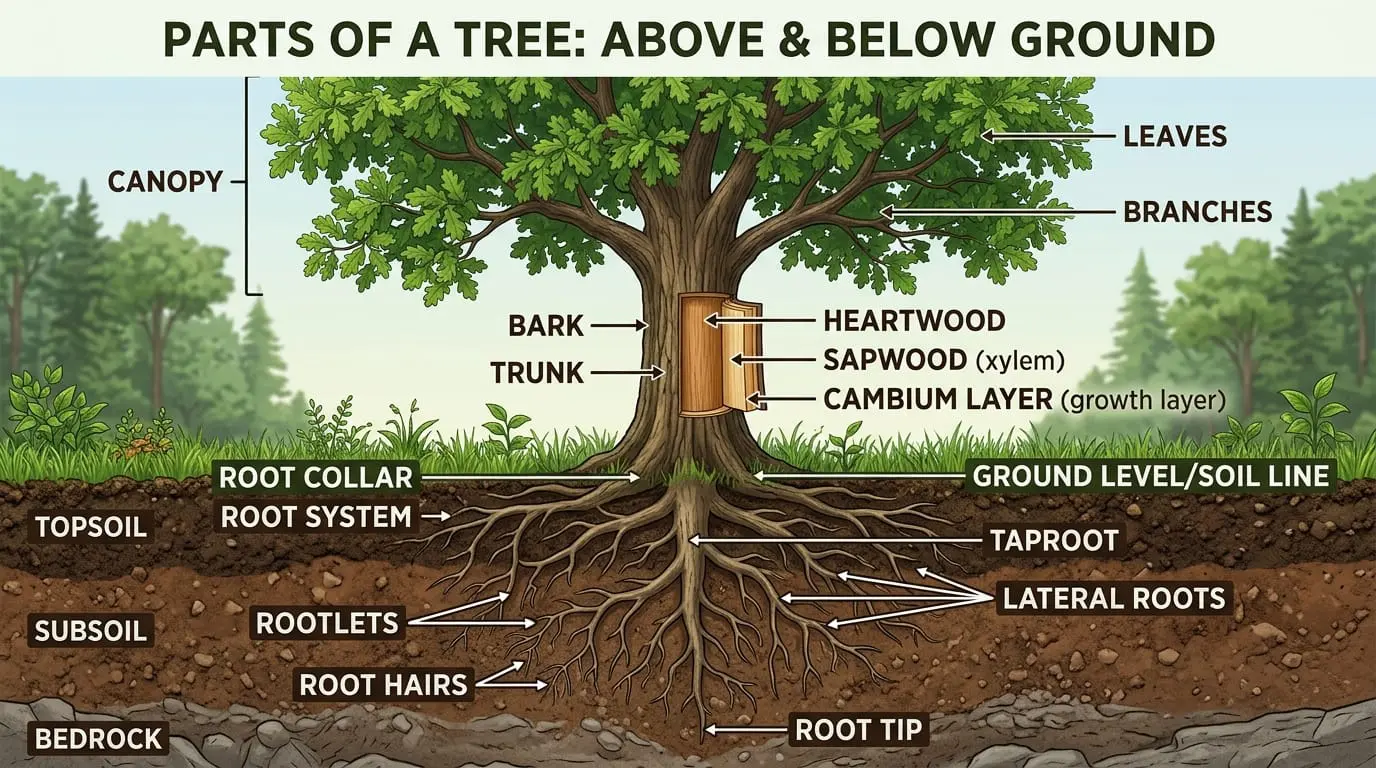 Am image that shows and labels the part of a tree above and below ground.