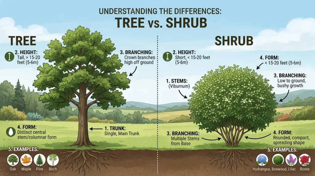 An image showing yhe differences between a tree and a shrub. Aspect ratio 16:9 Webp format.