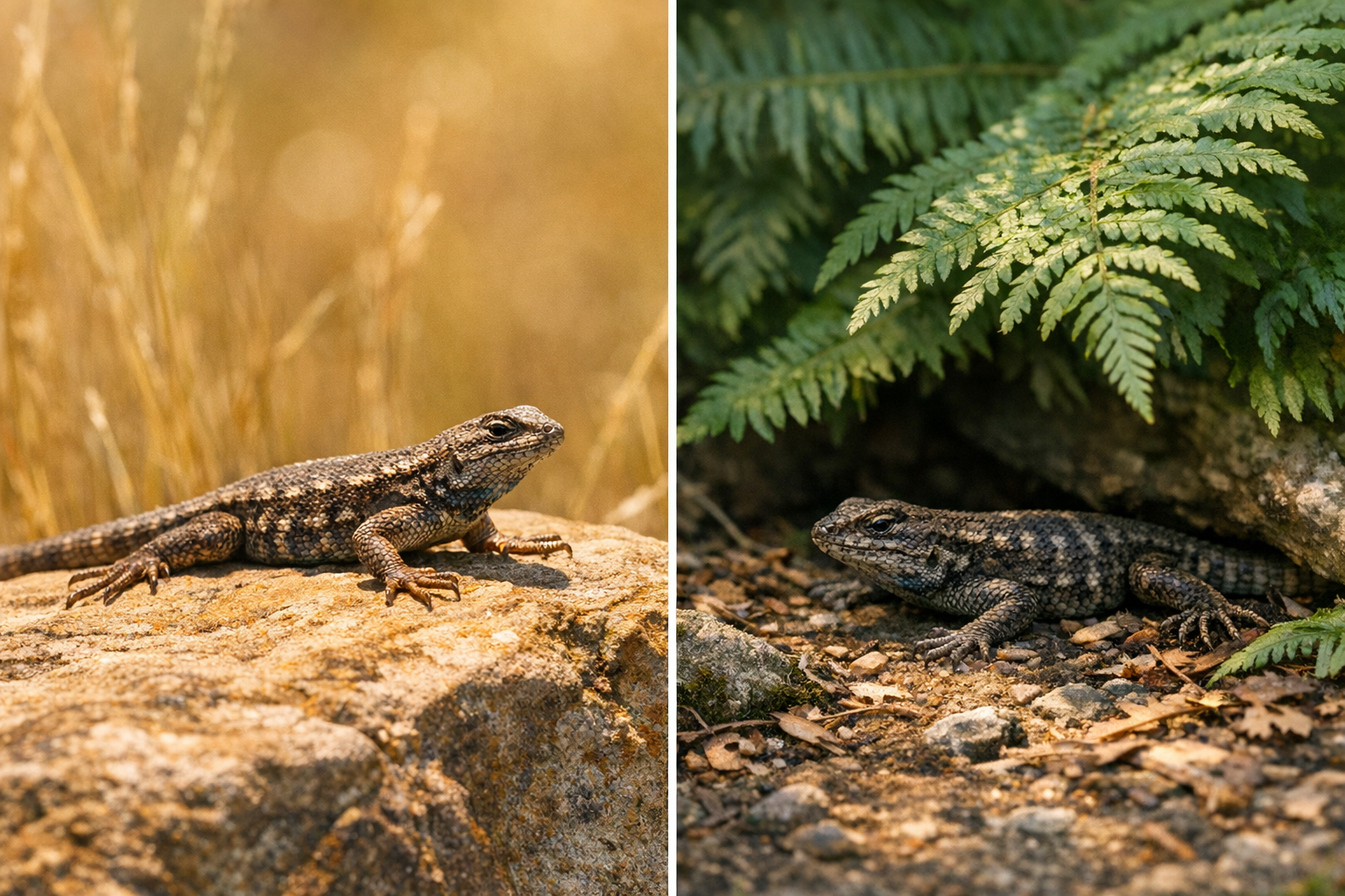 Lizard basking in sunlight and sheltering in cool shade to regulate its temperature