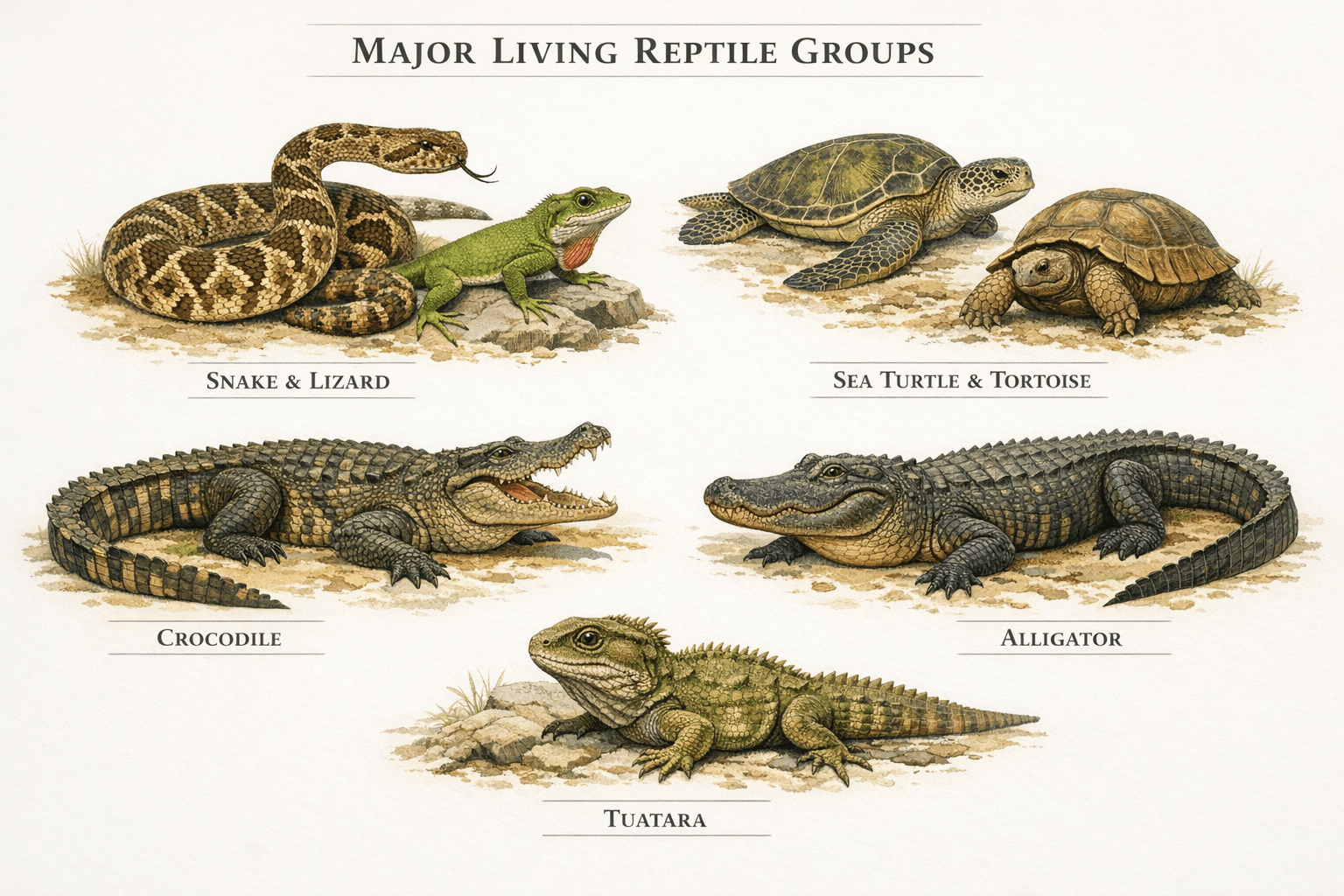 Field guide display of snakes, lizards, turtles, crocodilians, and a New Zealand tuatara