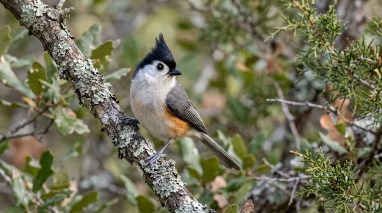 Male Black-crested Titmouse perched on an oak branch in Texas Hill Country habitat.