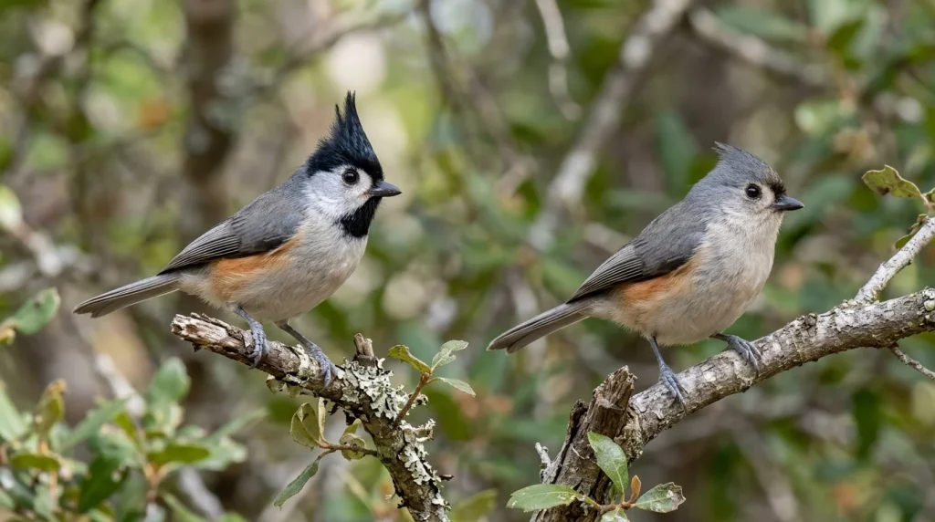 Male and female Black-crested Titmice showing the difference in crest color.