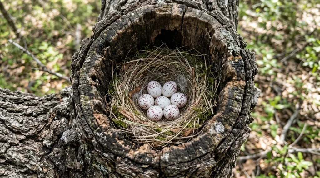 Black-crested Titmouse cavity nest containing six speckled white eggs.