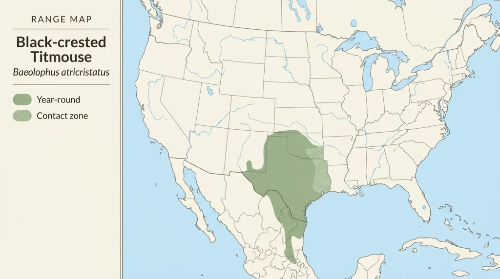 Map showing the approximate year-round range of the Black-crested Titmouse in Texas, Oklahoma, New Mexico, and Mexico.